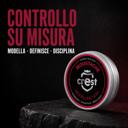 Vasetto di CREST Moustache Wax su pietra scura con i benefici modellante, definente e disciplinante per i baffi.