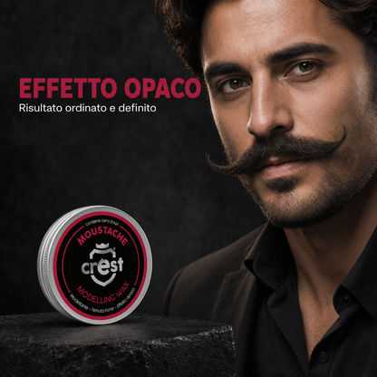 CREST Moustache Wax accanto a un uomo con baffi ordinati e definiti, rappresentati con un finish opaco naturale.
