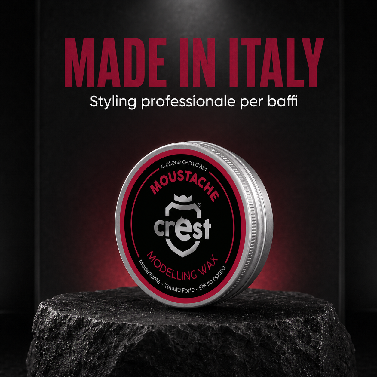 Vasetto di CREST Moustache Wax su pietra scura con la dicitura Made in Italy e styling professionale per baffi.