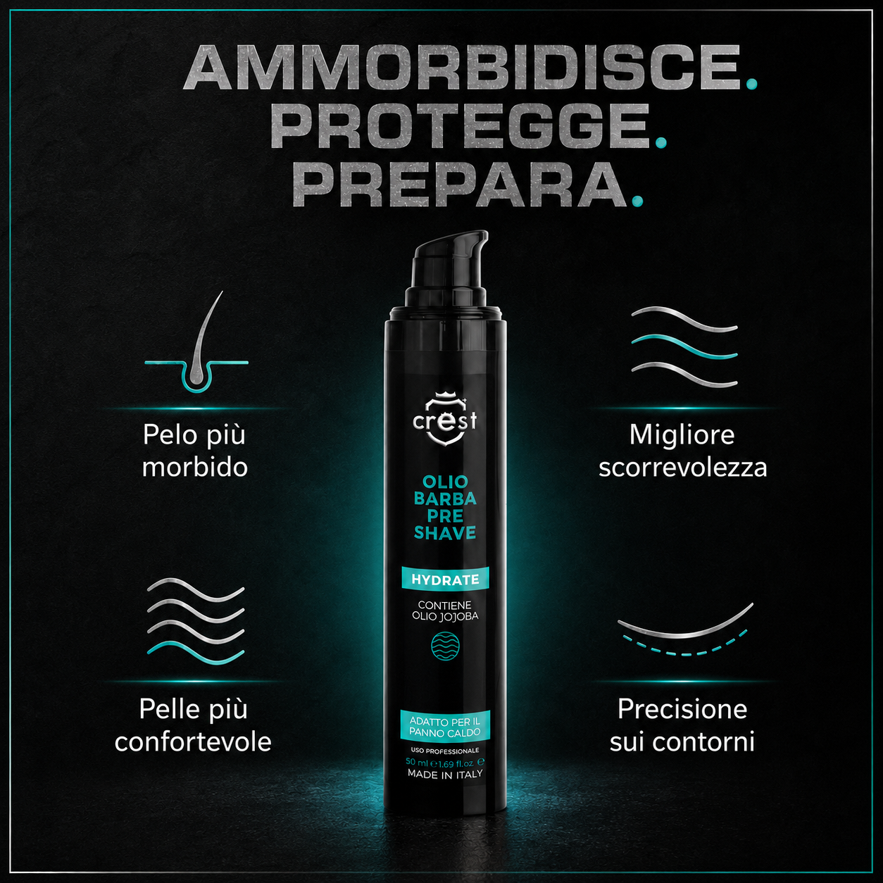 CREST Pre Shave Beard Oil da 50 ml con quattro benefici per preparare la rasatura: pelo più morbido, migliore scorrevolezza, pelle più confortevole e precisione sui contorni.