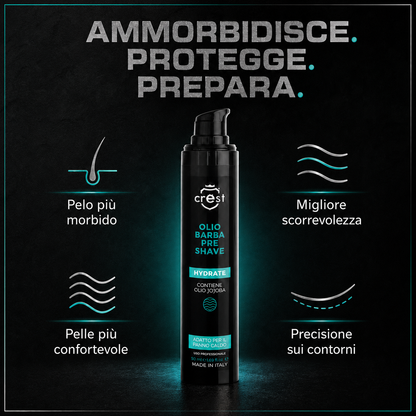 CREST Pre Shave Beard Oil da 50 ml con quattro benefici per preparare la rasatura: pelo più morbido, migliore scorrevolezza, pelle più confortevole e precisione sui contorni.