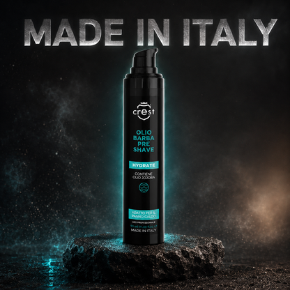 CREST Pre Shave Beard Oil da 50 ml su pietra lavica nera in un’ambientazione premium dedicata al Made in Italy.