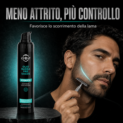 CREST Pre Shave Beard Oil da 50 ml con un uomo che utilizza il rasoio, per favorire lo scorrimento della lama e il controllo durante la rasatura.