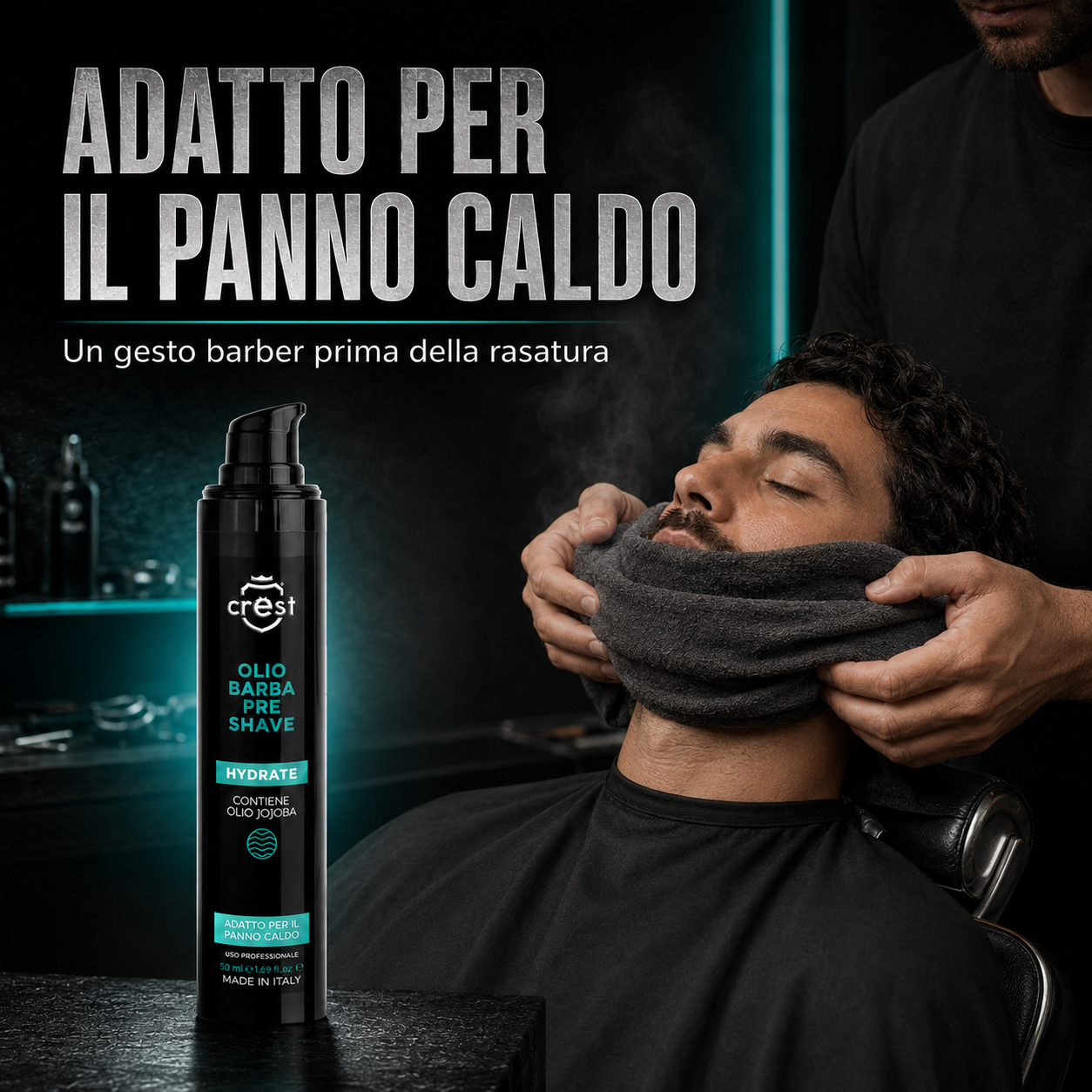CREST Pre Shave Beard Oil da 50 ml durante la preparazione professionale della barba con un panno caldo.