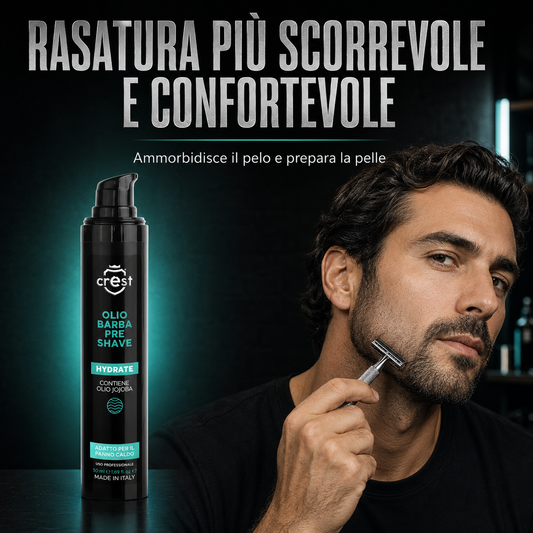 CREST Pre Shave Beard Oil da 50 ml accanto a un modello durante una rasatura scorrevole e confortevole.