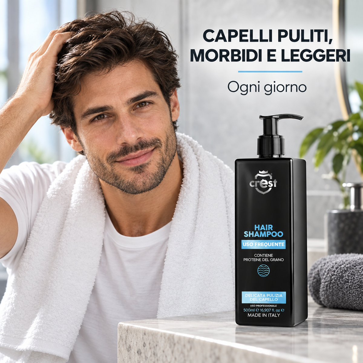 Uomo con capelli puliti, morbidi e leggeri accanto a CREST Hair Shampoo Uso Frequente