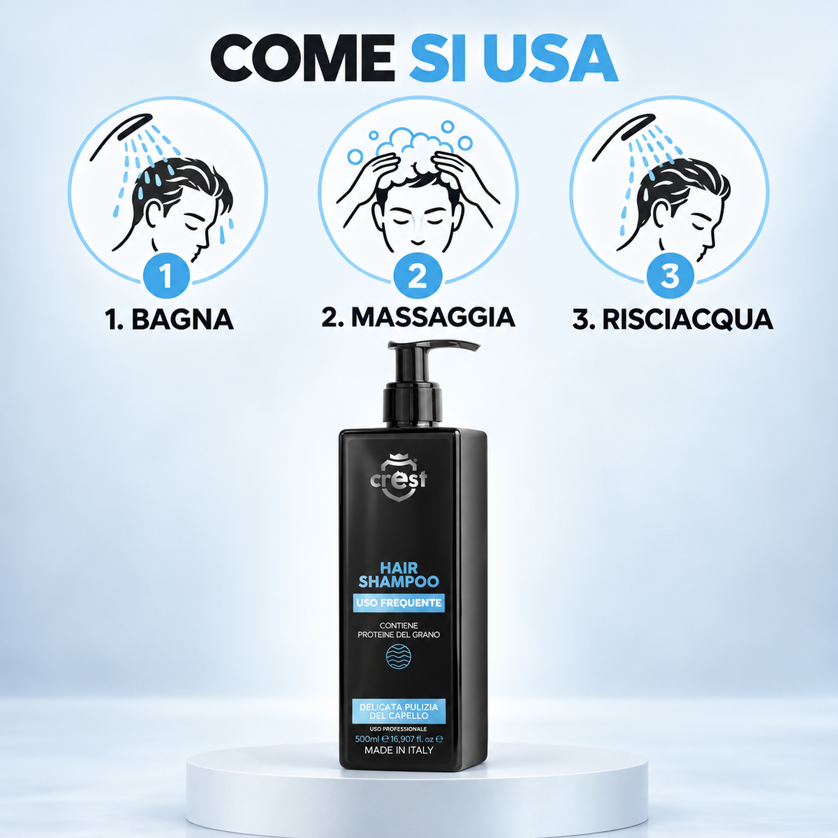 Come usare CREST Hair Shampoo Uso Frequente: bagnare, massaggiare e risciacquare