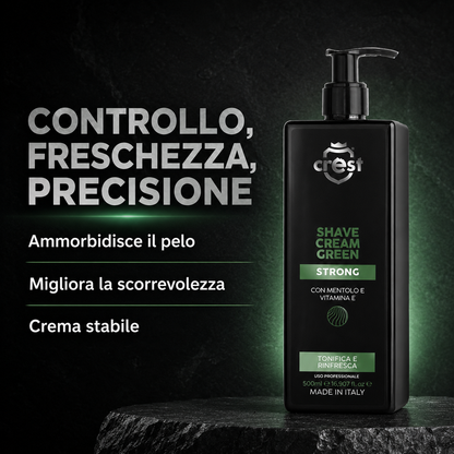 Flacone da 500 ml di CREST Shave Cream Green Strong con riepilogo dei benefici: ammorbidisce il pelo, migliora la scorrevolezza e mantiene una crema stabile.