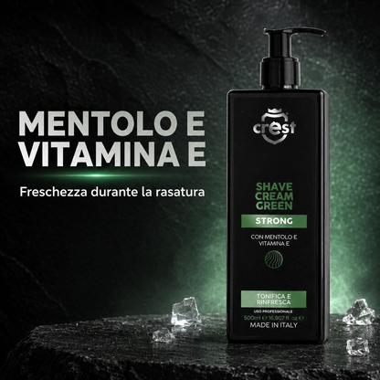 Flacone da 500 ml di CREST Shave Cream Green Strong su pietra scura con cristalli traslucidi che richiamano la freschezza del mentolo.