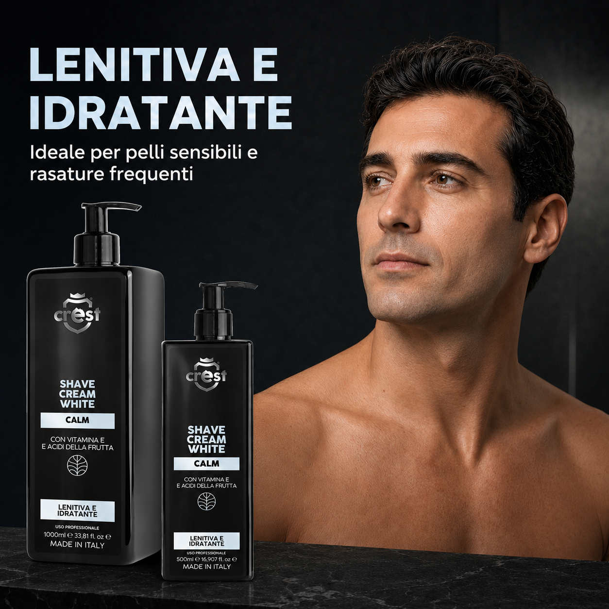 Uomo con pelle rasata e naturale accanto ai flaconi da 500 ml e 1 litro di CREST Shave Cream White Calm.