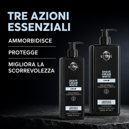 Flaconi da 500 ml e 1 litro di CREST Shave Cream White Calm con i benefici ammorbidisce, protegge e migliora la scorrevolezza.