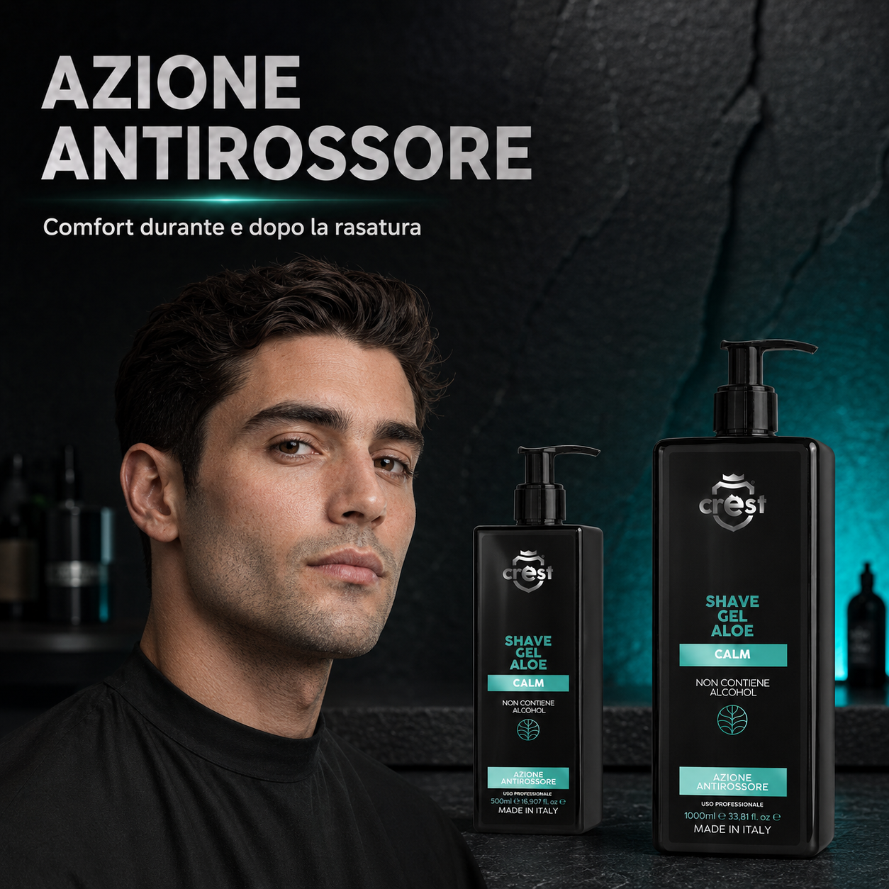 Uomo dopo la rasatura accanto ai flaconi da 500 ml e 1 litro di CREST Shave Gel Aloe, con il claim “Azione antirossore”.