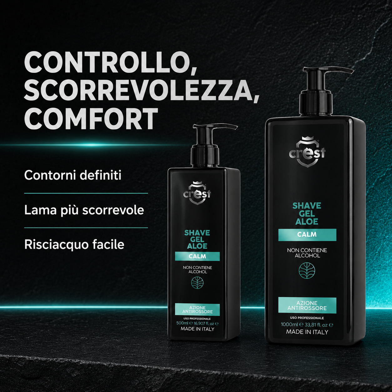 Flaconi da 500 ml e 1 litro di CREST Shave Gel Aloe con i benefici di controllo, scorrevolezza della lama e comfort.