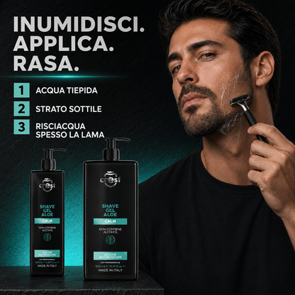Uomo durante la rasatura con gel trasparente accanto ai flaconi da 500 ml e 1 litro di CREST Shave Gel Aloe, con i tre passaggi principali per l’utilizzo.