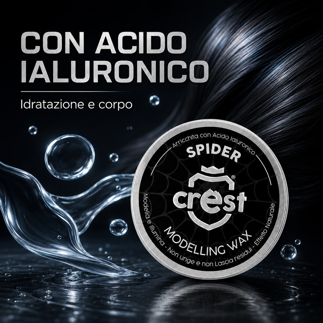 CREST Spider Wax con acido ialuronico, cera modellante a base d’acqua che aiuta a dare idratazione e corpo ai capelli.