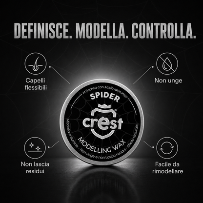 Infografica CREST Spider Wax: definisce, modella e controlla senza ungere o lasciare residui, mantenendo i capelli flessibili.