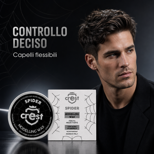 CREST Spider Wax con acido ialuronico, cera modellante a tenuta medio-forte per capelli definiti e flessibili.