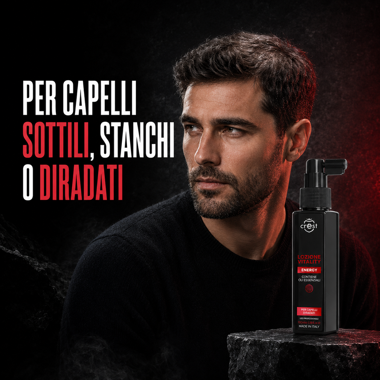 Uomo con capelli sottili accanto al flacone CREST Vitality Lotion Energy da 100 ml, prodotto indicato per capelli stanchi o diradati.
