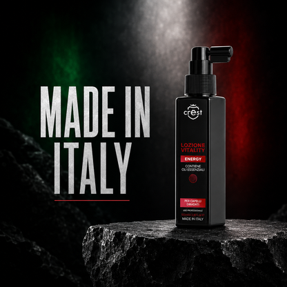 Flacone CREST Vitality Lotion Energy da 100 ml su pietra scura con illuminazione ispirata al tricolore italiano.