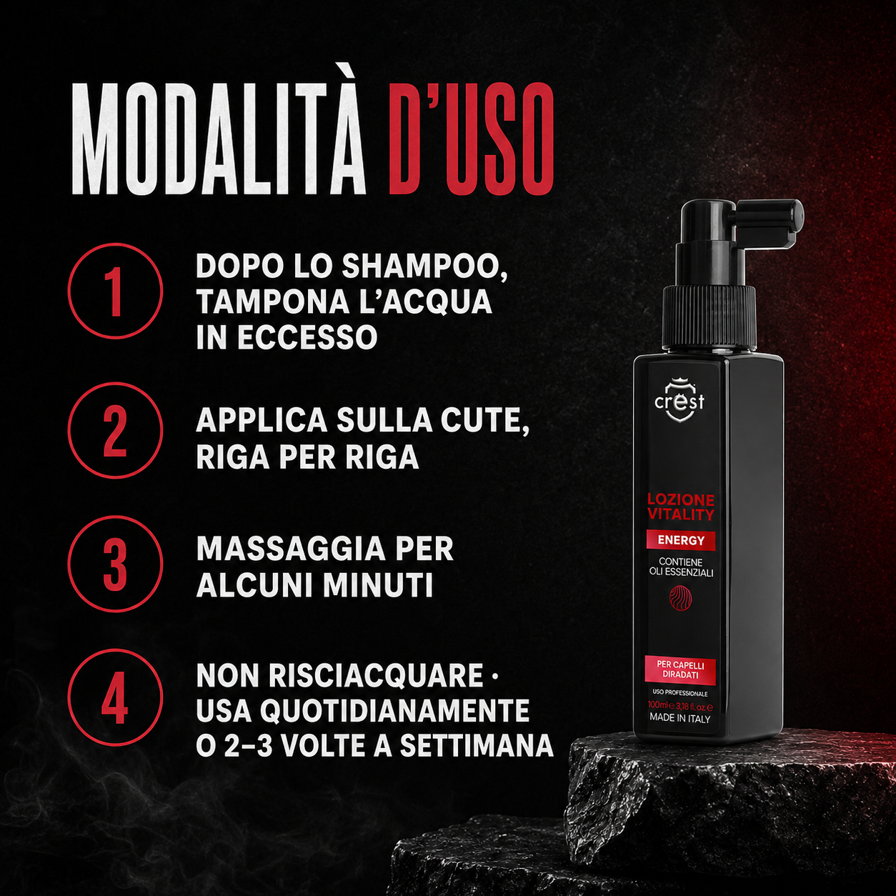 Modalità d’uso della CREST Vitality Lotion Energy da 100 ml con quattro passaggi per l’applicazione sulla cute senza risciacquo.