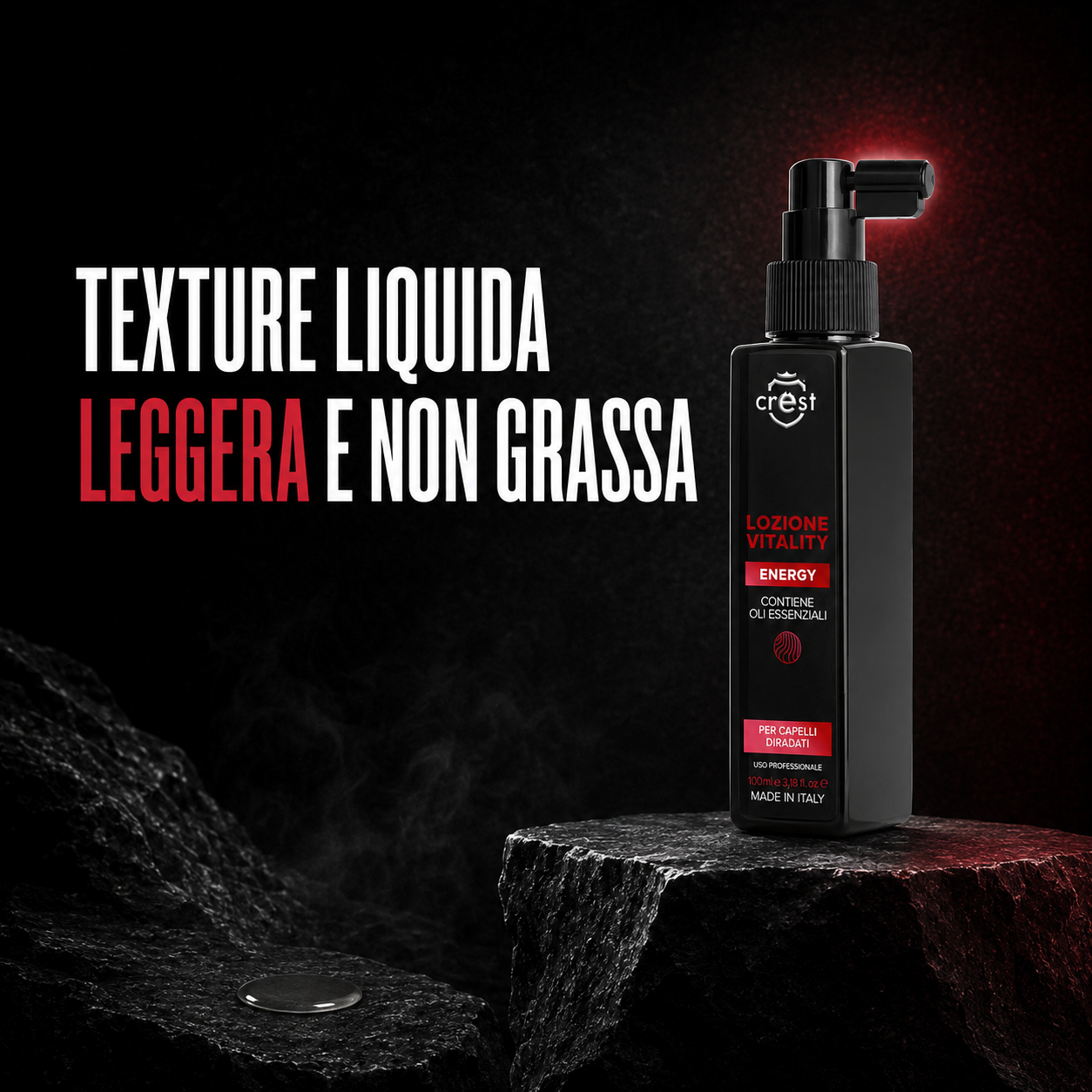 Flacone CREST Vitality Lotion Energy da 100 ml con una piccola quantità di lozione dalla texture liquida, leggera e non grassa.