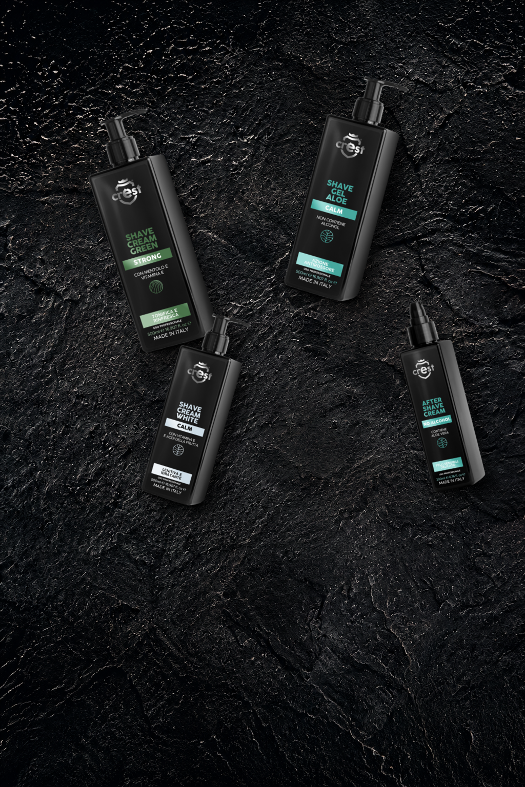 Creme da rasatura CREST Green e White, Shave Gel Aloe e After Shave Cream su pietra scura.